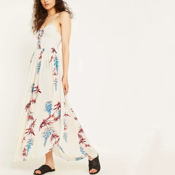 Free People Ivory Beau Smocked Printed Slip Maxi Dress Sz M - Picture 1 of 12